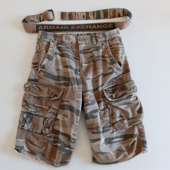 Armani Exchange Camo Cargo Shorts with spell out Belt size 29 - Picture 1 of 9